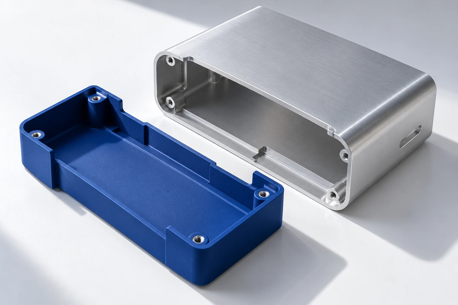 Concept study of a brushed aluminum housing and its blue polymer insert