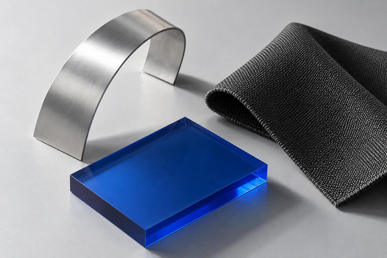 Concept study comparing metal, polymer and woven materials in precise physical detail