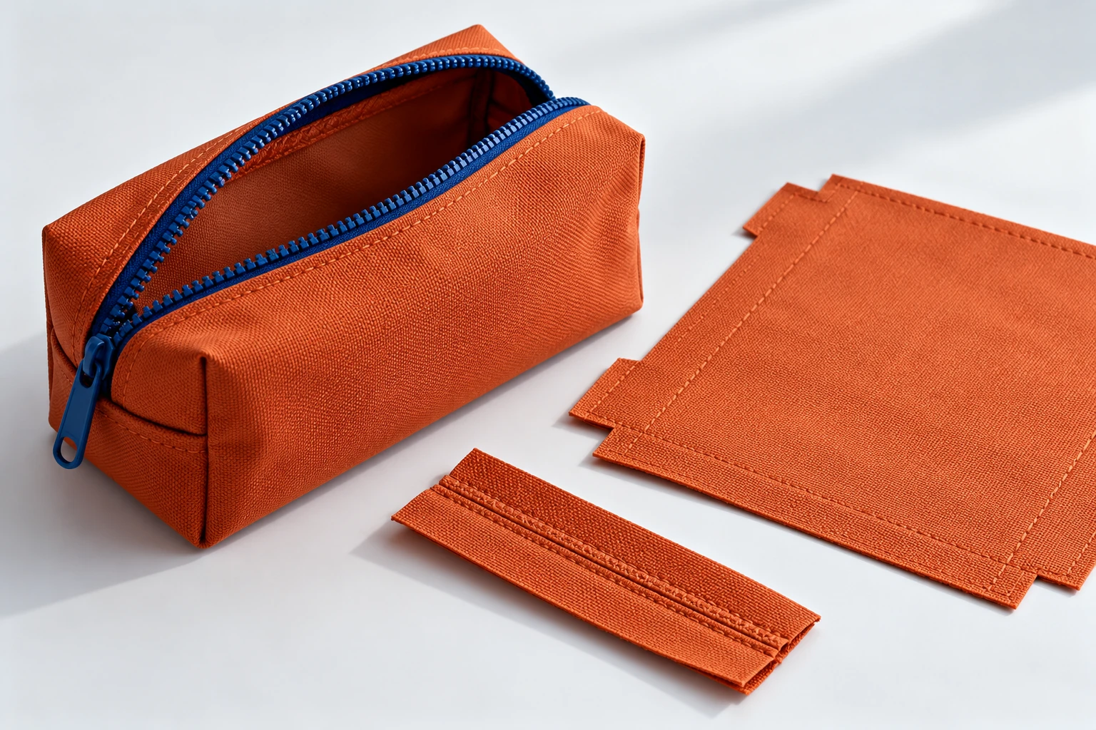 Concept textile sampling study with a finished pouch, fabric panel and seam sample